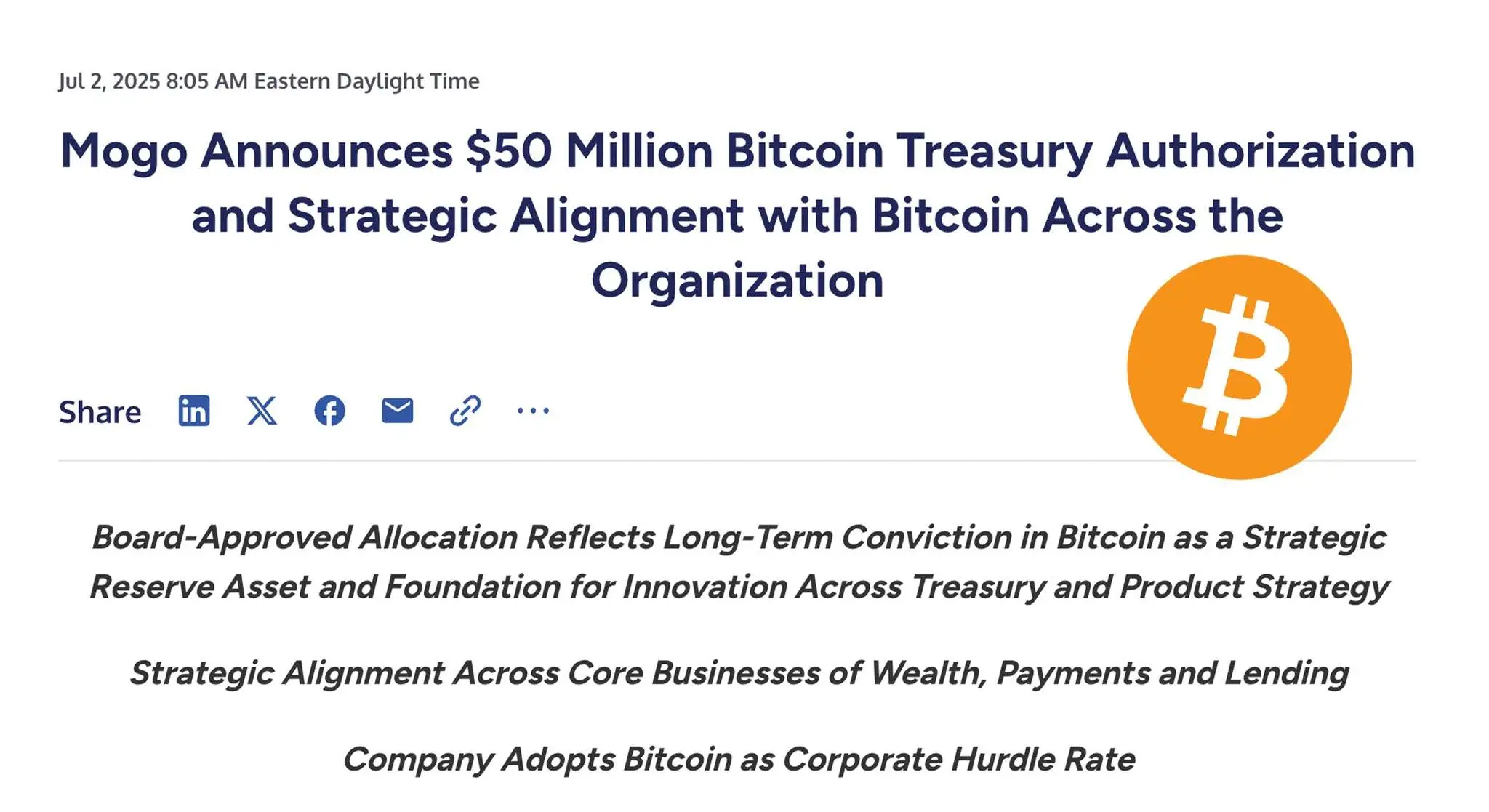 加拿大金融科技公司 Mogo 董事会批准 5000 万美元比特币投资计划