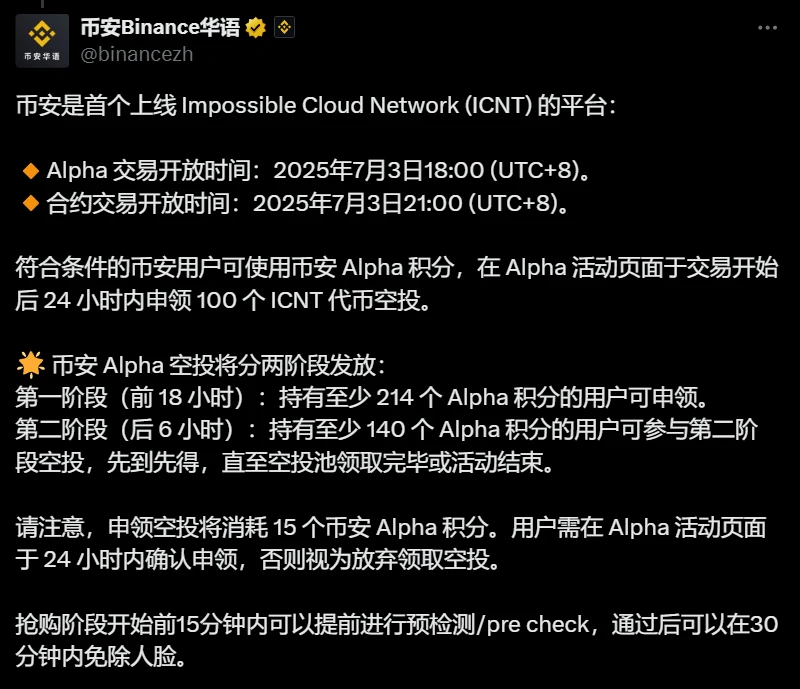 币安上线 ICNT 并启动分阶段空投，首阶段需 214 Alpha 积分
