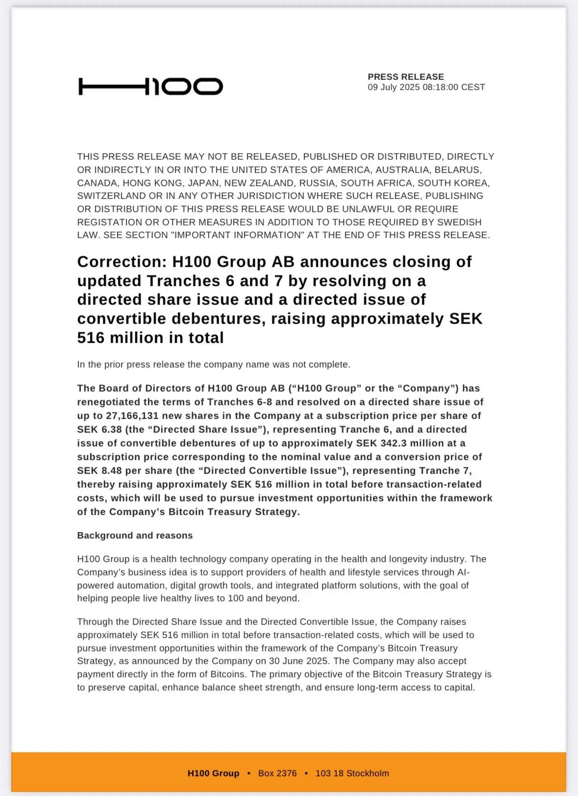 瑞典上市公司 H100 Group 完成 5.16 亿瑞典克朗融资，资金将用于比特币储备战略