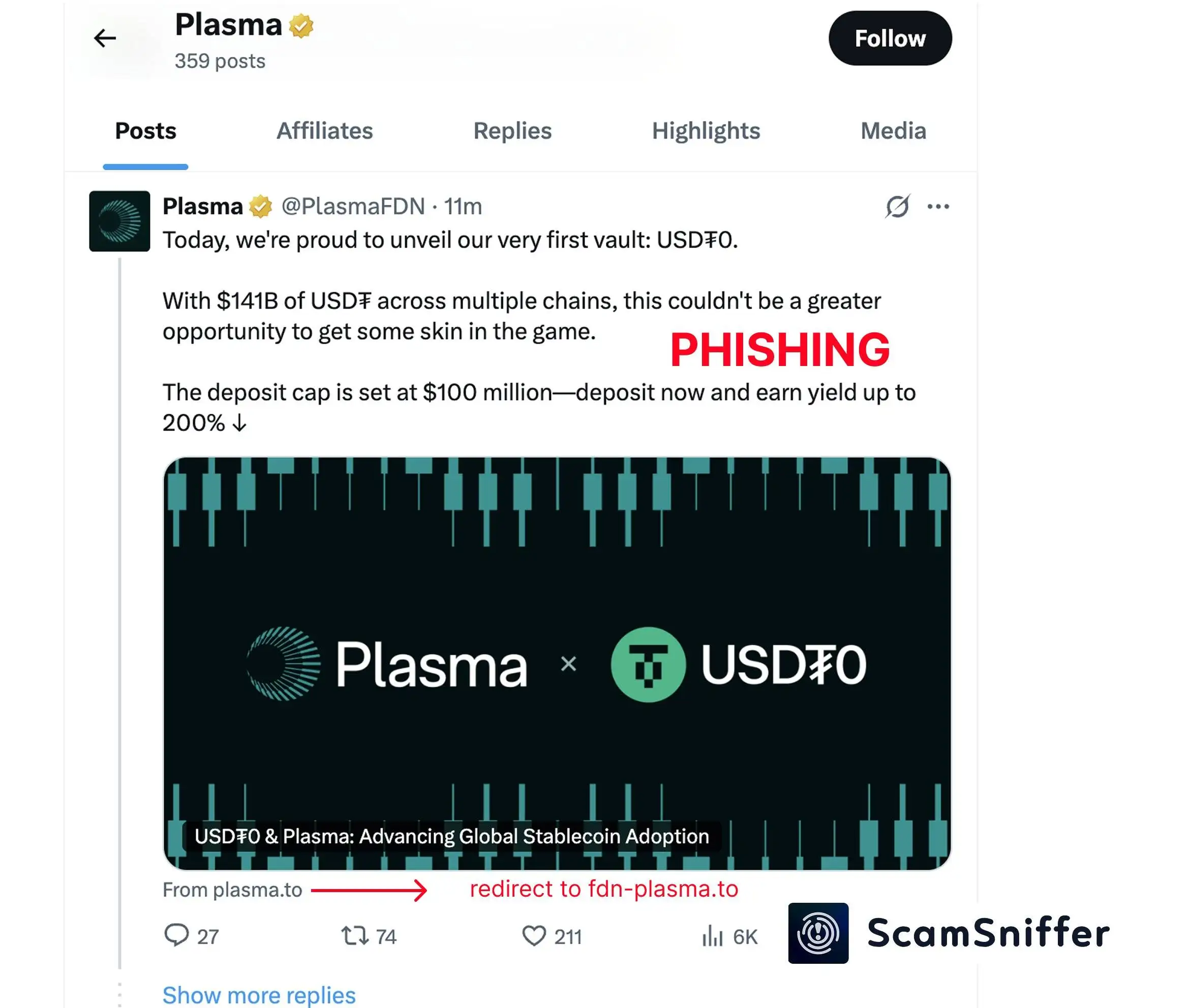 Scam Sniffer：Plasma X账号遭黑客入侵并发布钓鱼推文