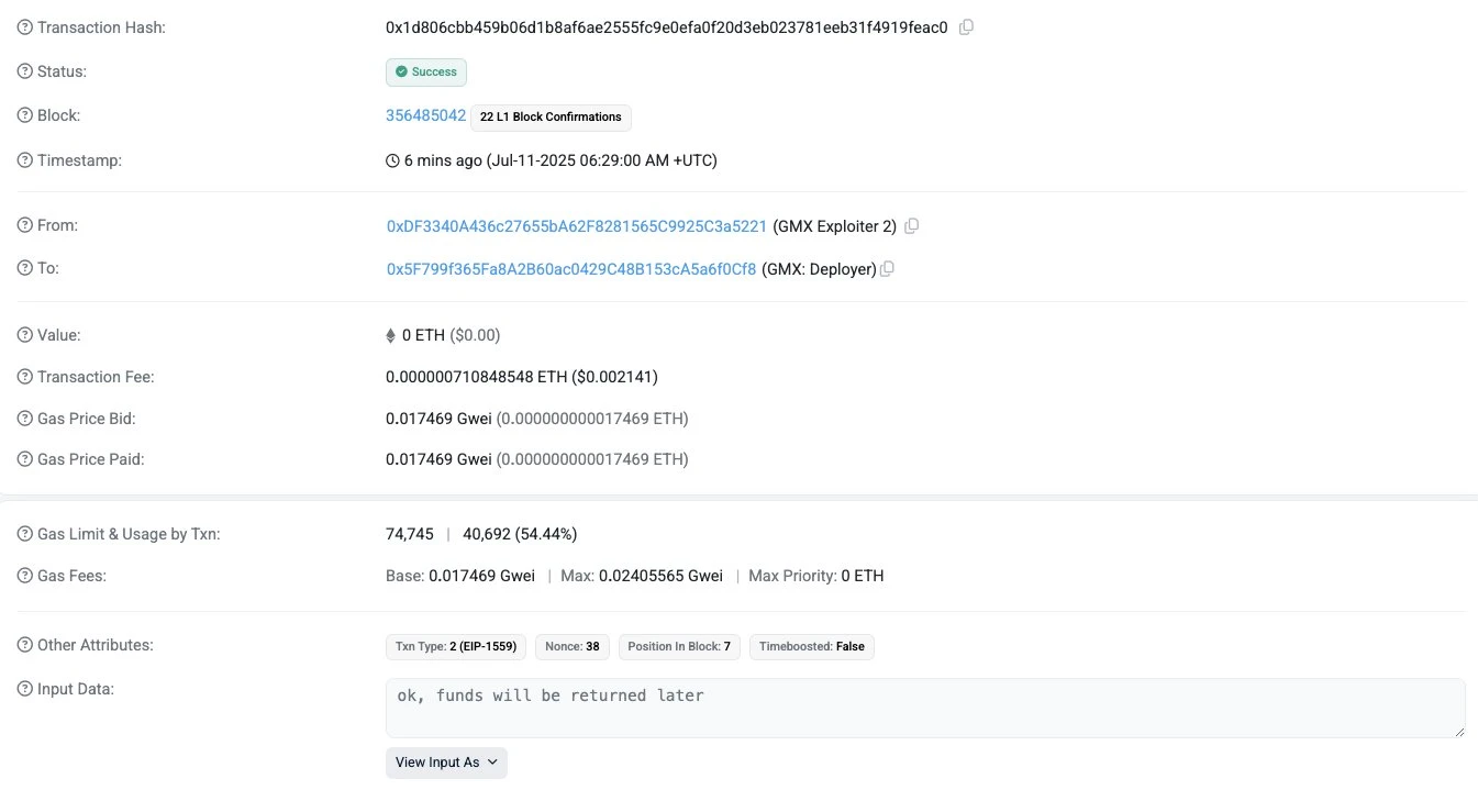 GMX黑客承诺通过链上消息退还被盗资金