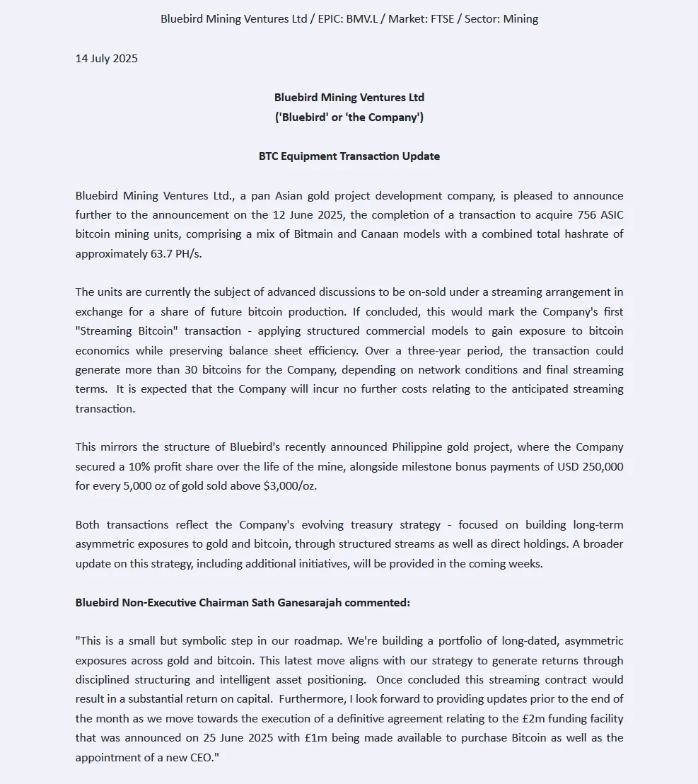 英国上市公司 Bluebird Mining 收购 756 台比特币矿机