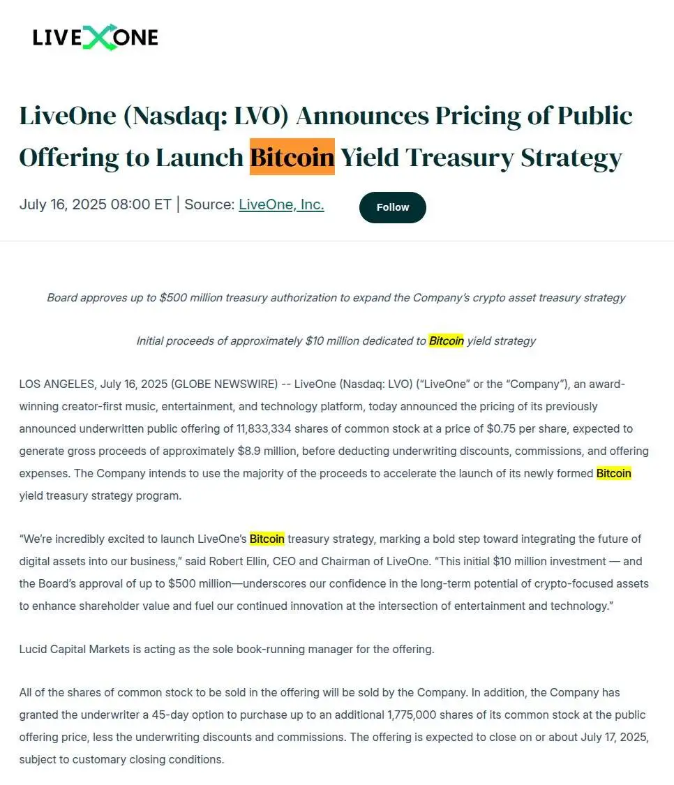 LiveOne启动890万美元募资计划 用于比特币收益国库策略