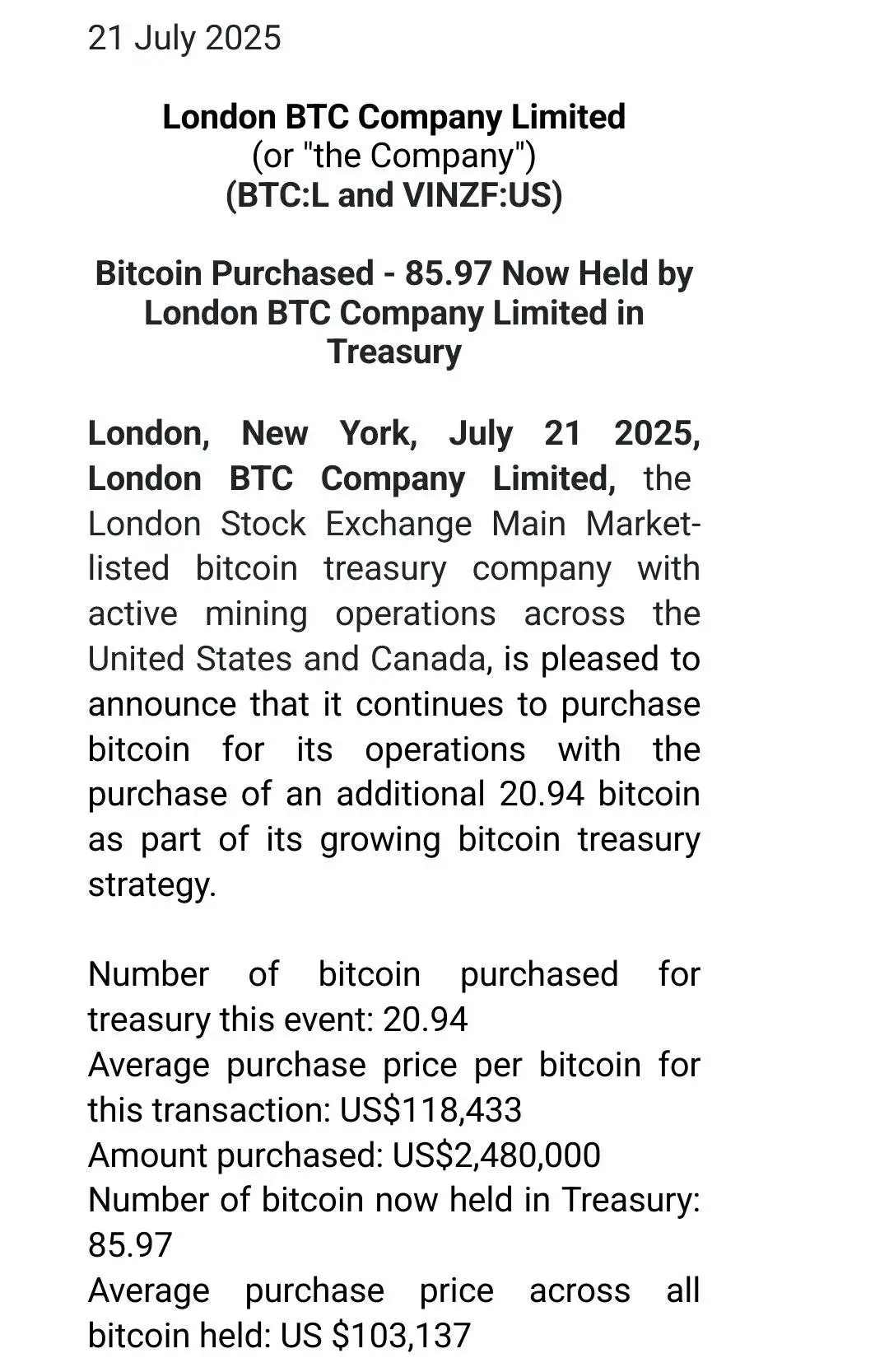 英国上市公司 London BTC Company 增持 20.94 枚 BTC，总持仓达 85.97 枚