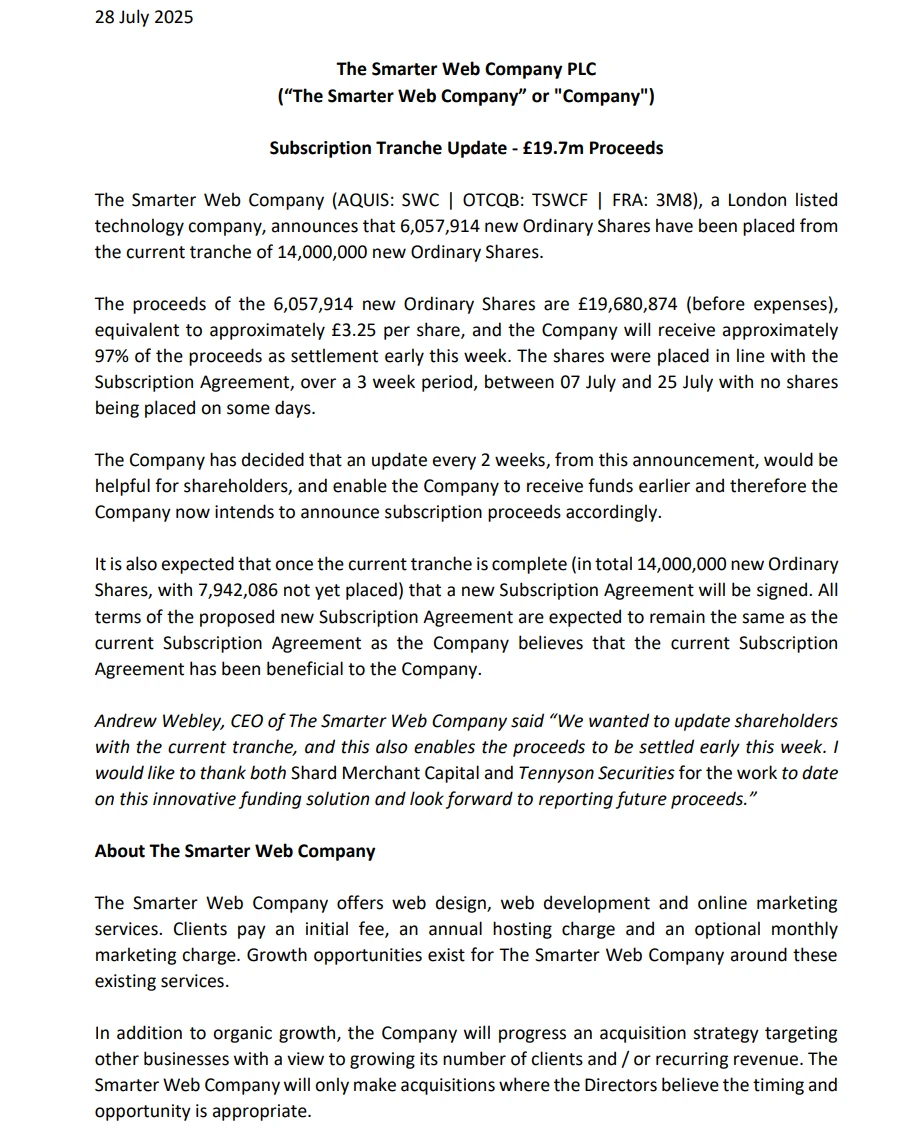 The Smarter Web Company完成605万英镑普通股配售 预计本周初收到97%资金