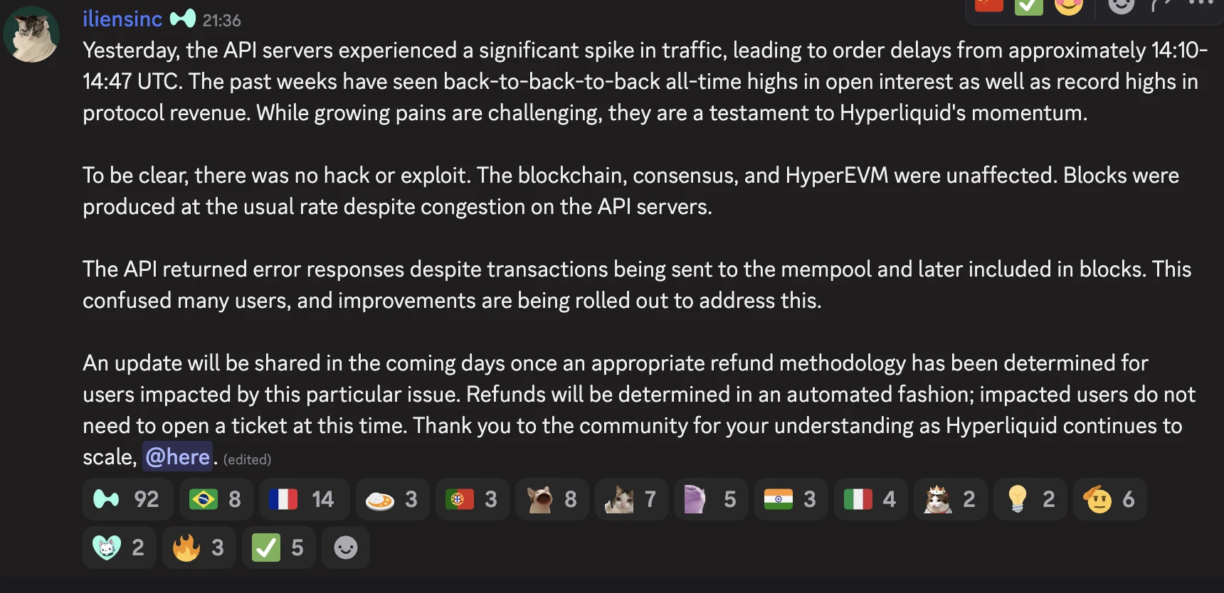 Hyperliquid API服务器遭遇流量峰值致交易延迟 官方承诺自动化补偿