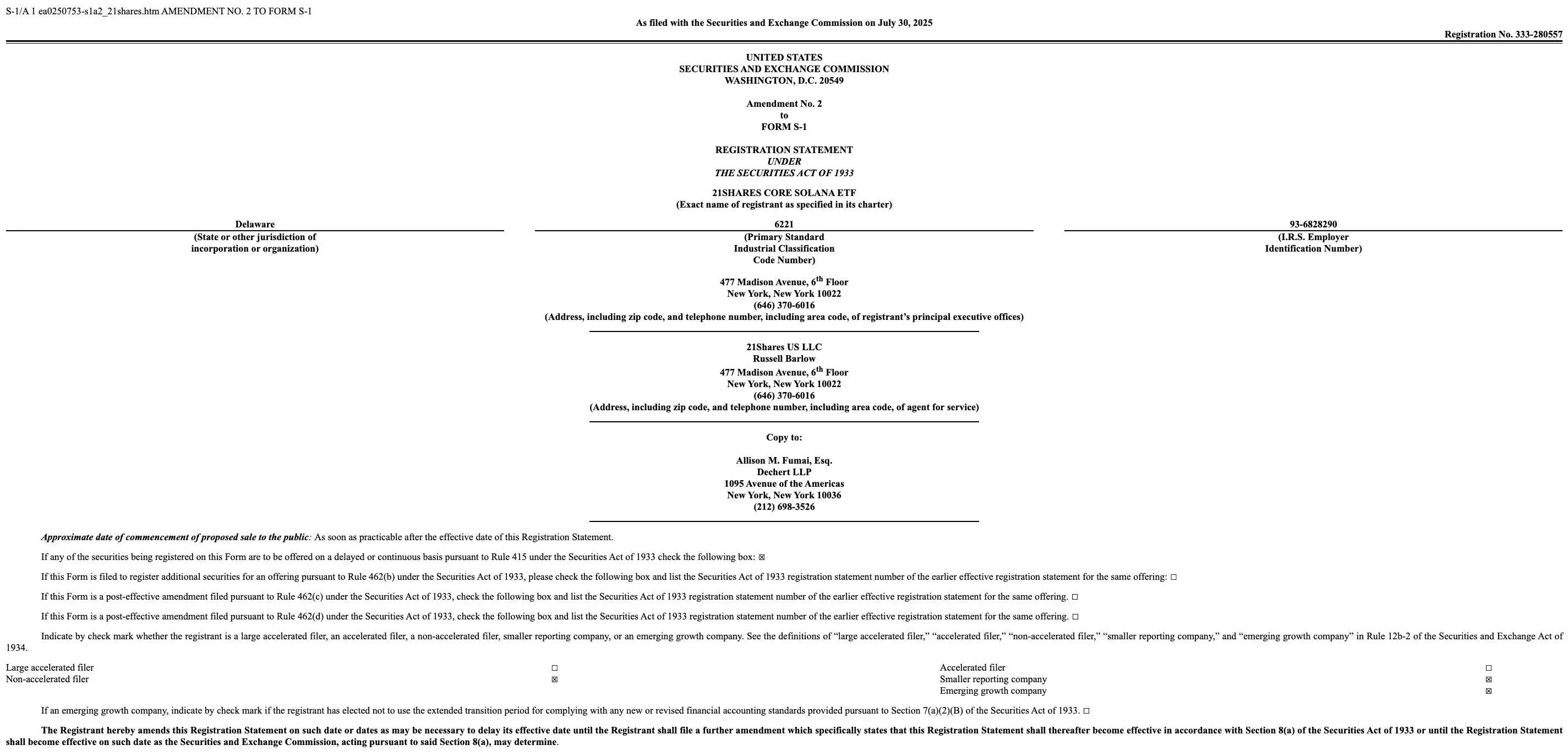 21Shares提交Solana ETF S-1修订文件，计划7月31日披露
