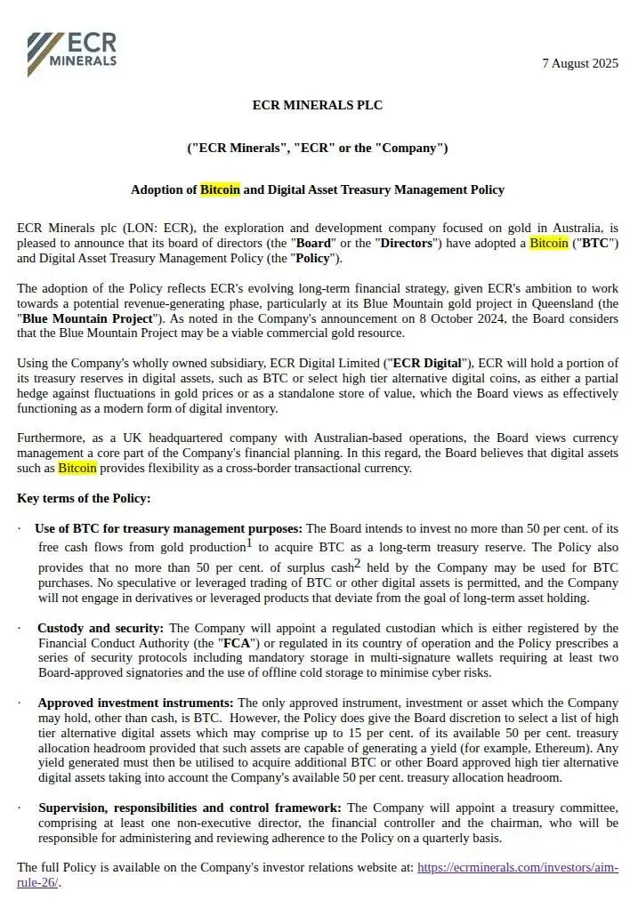 英国上市公司ECR Minerals正式批准比特币及数字资产投资政策