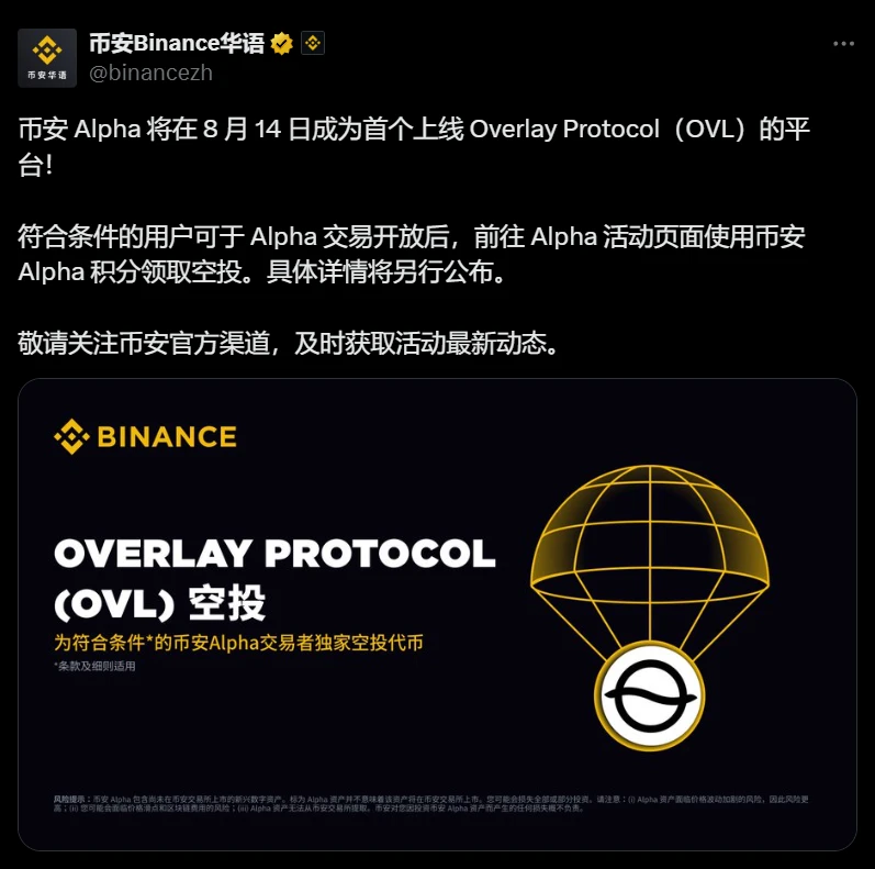 币安Alpha将上线OVL代币并开放空投申领