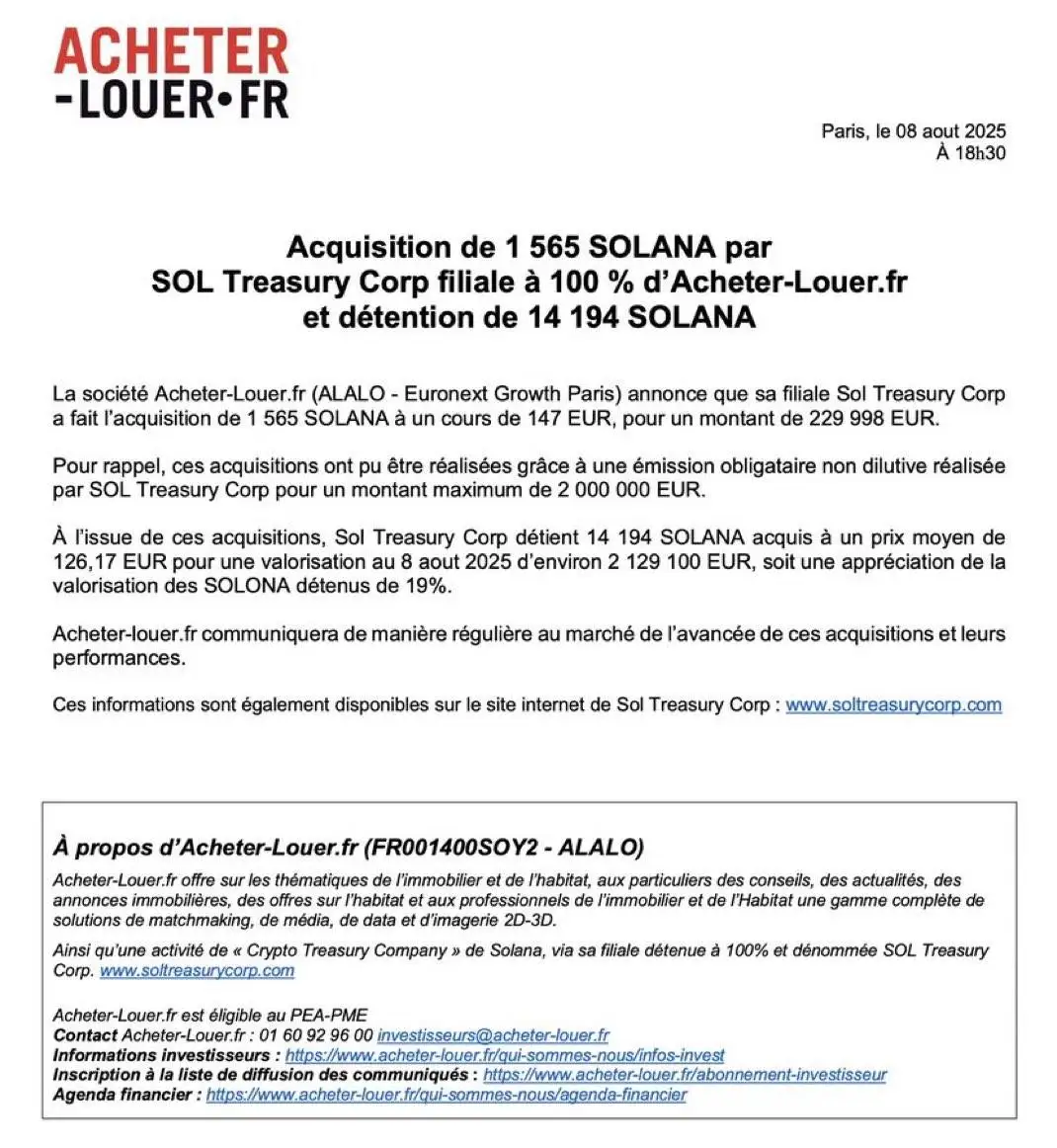 Acheter-Louer.fr子公司SOL Treasury Corp增持SOL至14,194枚，价值270万美元