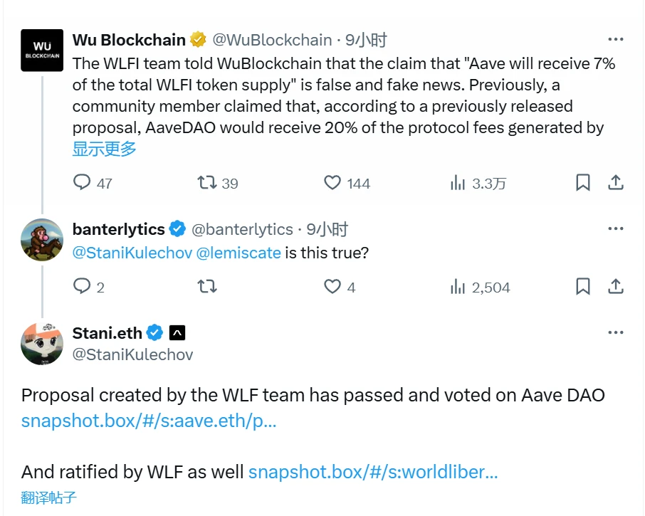 Aave创始人澄清WLFI代币分配不实传闻 提案已获正式批准