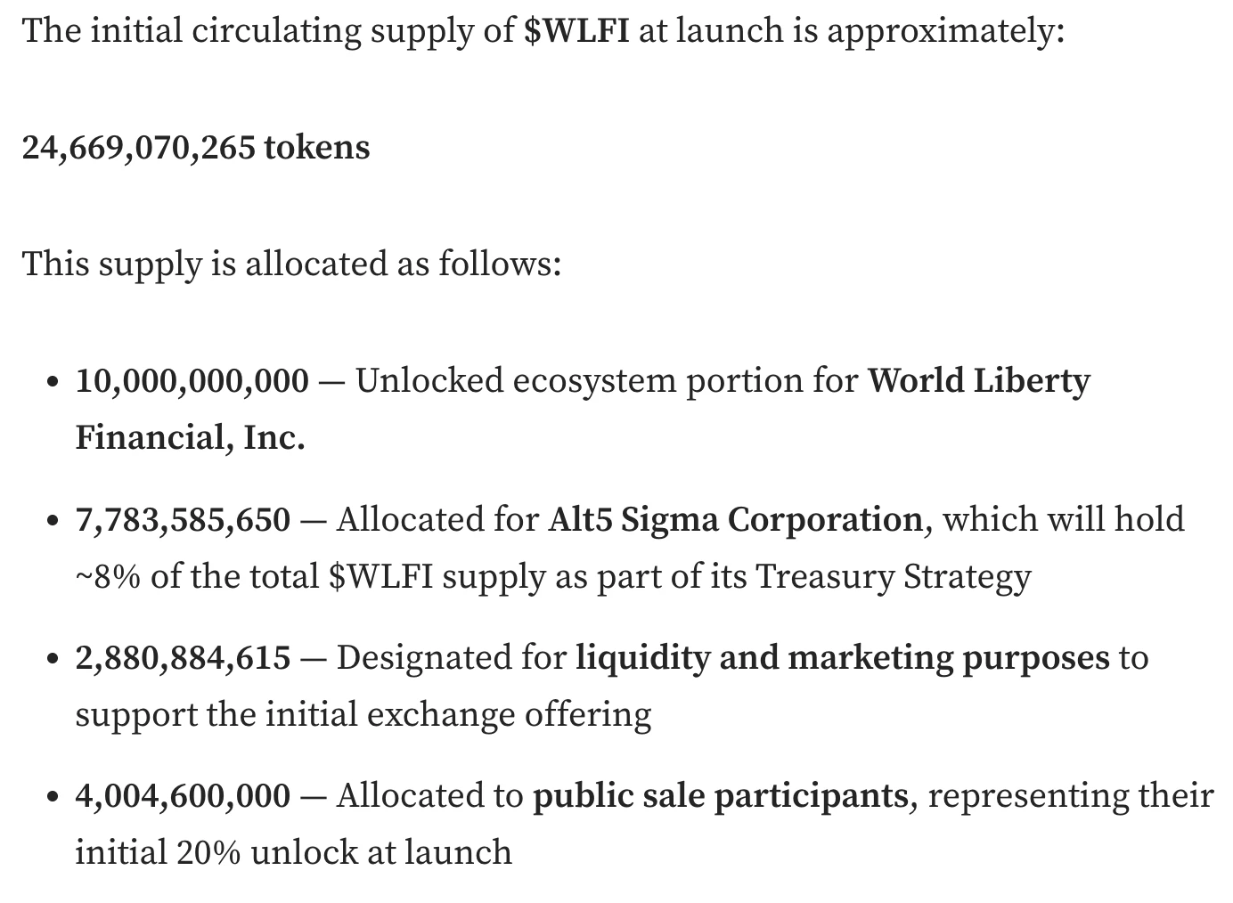 World Liberty Financial公布$WLFI代币发行计划，初始流通供应量约246.69亿枚