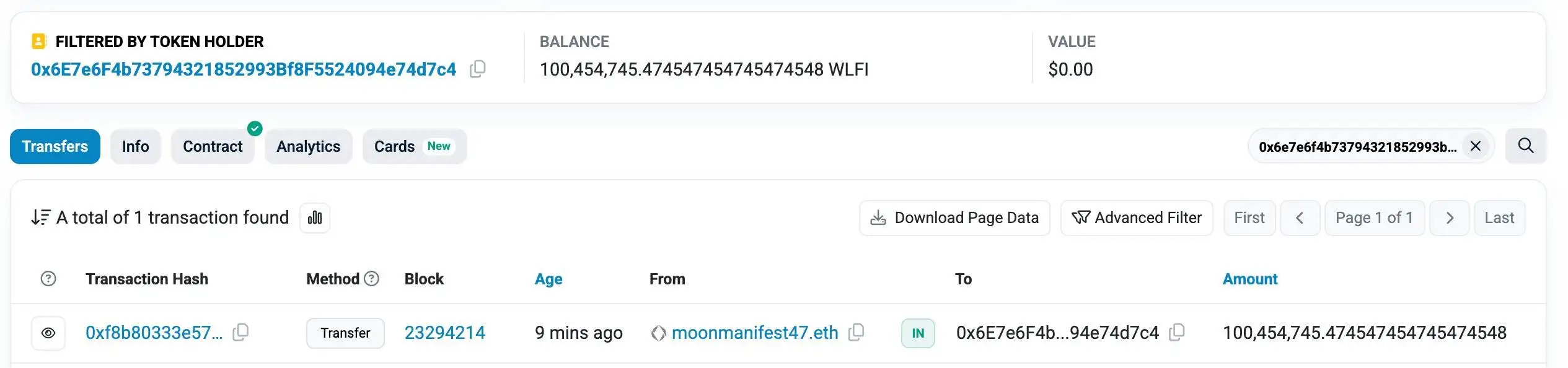 moonmanifest47.eth地址完成1亿枚WLFI转账 涉及1824万美元