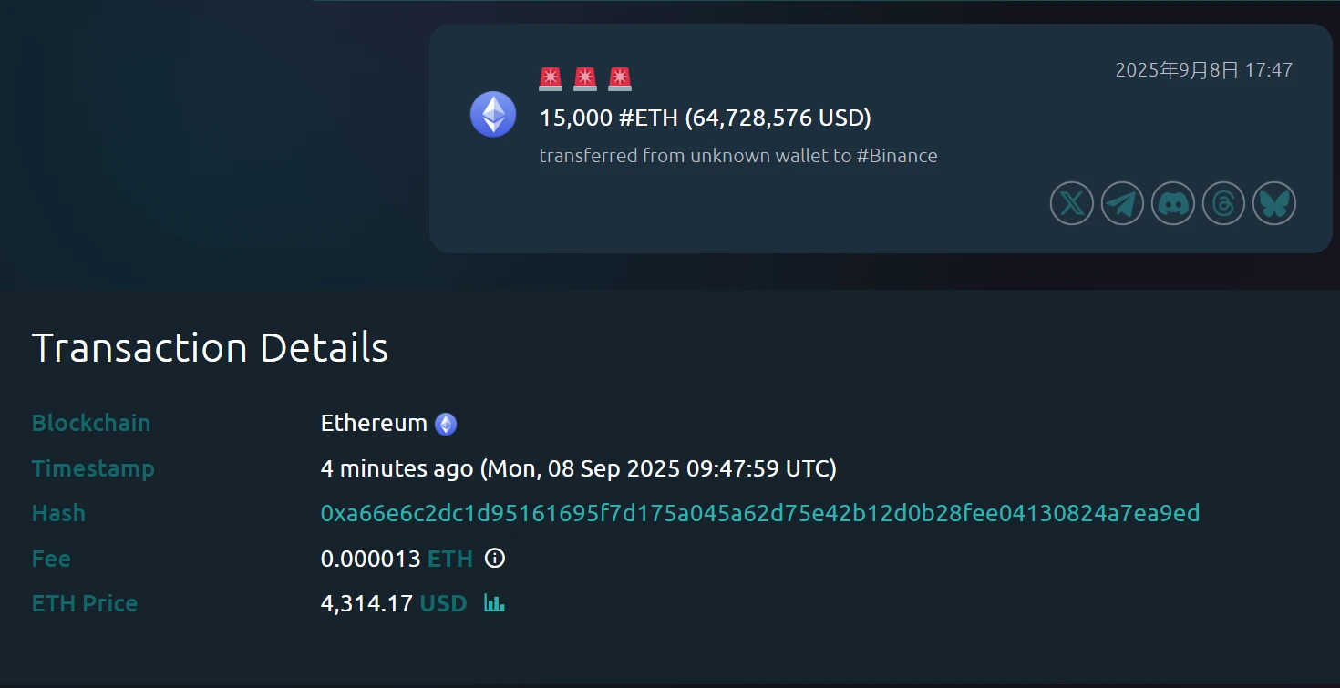 某未知地址向币安转入15,000 ETH，Onchain Lens分析关联Matrixport