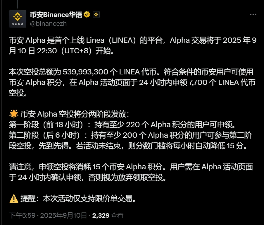 币安Alpha上线LINEA代币并启动5.4亿空投